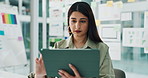 Analytics, planning and tablet with business woman in office for app or ux development process. Design, research and review with Indian designer in creative workplace for product design or launch