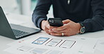 App, design and man in office with phone, ux testing and display for digital project. Typing, creative or software developer in workplace with tech, research or ui implementation for mobile pitch.