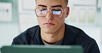 Design, scroll or man in office with tablet, planning or testing in ux presentation. Reading, ui review or software engineer in agency with tech, monitor app or wireframe for programming feedback.