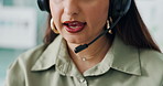 Mouth, talking and woman with headset, call center and communication with help desk. Closeup, professional and employee in workplace, microphone and speaking with friendly service or customer support