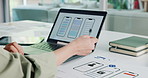 App development, business and woman with laptop screen, hands and internet with prototype. Closeup, person and employee in workplace, tech or push notification with digital interface or user friendly