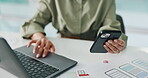 App, design and woman in office with tech, ux testing and display for digital project. Scroll, creative or software developer in workplace with laptop, research or ui implementation for mobile pitch.