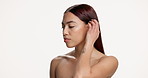Hair care, skincare and woman with beauty in studio with collagen treatment, face glow and wellness. Mockup space, clean and girl with confidence on white background for salon results and cosmetics