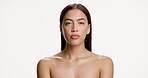 Face, woman and beauty with skincare in studio for repair, laminated eyebrows and natural glow. Portrait, person and cosmetics with facial shine of dermatology, treatment results and white background