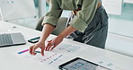 Creative woman, wireframes and planning with tablet for app development, UX or UI design in office. Female person, software engineer or web designer with documents or technology for mobile platform