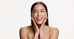Hands, beauty and skincare with face of woman in studio for space, collagen and self care. Mockup, dermatology and glow with female person on white background for shine, clear skin and smile