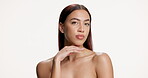 Face, proud and woman for skincare in studio with beauty, clear skin and collagen for natural glow. Portrait, person and mockup space for dermatology, facial results and self care on white background