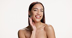 Face, happy and woman for skincare in studio with beauty, clear skin and collagen for natural glow. Portrait, person and mockup space for dermatology, facial results and self care on white background