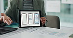 Tablet, discussion and hands of businesswoman in office with prototype for app development. Digital technology, meeting and female developer with presentation for software testing in workplace.