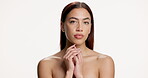 Face, serious and woman for skincare in studio with beauty, clear skin and collagen for natural glow. Portrait, person and mockup space for dermatology, facial shine and self care on white background