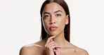 Face, serious and woman for beauty in studio with skincare, clear skin and collagen for natural glow. Portrait, person and mockup space for dermatology, facial shine and self care on white background