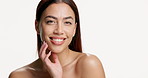 Face, skincare and glow with happy woman in studio for cosmetology, skin wellness and manicure. Portrait, smile and model with natural cosmetics, beauty and aesthetic on white background space