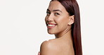 Happy woman, face and shoulder in studio for skincare, smooth touch and skin hydration. Person, dermatology and smile on white background for natural beauty, organic care and wellness at mockup space