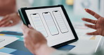 Hands, business and woman with tablet in meeting for ux design, ui layout and interface planning. People, explain and digital screen with wireframe for user experience, review template and feedback 