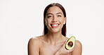 Beauty, avocado and face of woman in studio for skincare, organic treatment and omega 3 oil. Natural cosmetics, mockup space and self care with person on white background for antioxidant and glow