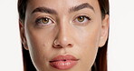 Face, woman and eyes with skincare in studio for beauty, laminated eyebrows and natural glow. Portrait, person and cosmetics with facial shine from dermatology, treatment results and white background