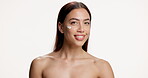 Happy, woman and cream for face, skincare or facial treatment with cosmetics, mockup space or studio. White background, self care and person with lotion for hydration, beauty and dermatology benefits