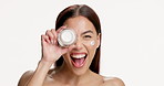 Happy woman, face and cream for skincare in studio, excited or laugh with mock up space on white background. Person, model and product for dermatology benefits, cosmetics and beauty in Costa Rica