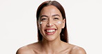 Laugh, face cream and woman in studio with skincare, natural or facial lotion for hydration. Beauty, wellness and portrait of female person with spf for dermatology routine by white background.