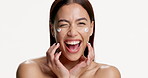 Skincare, face cream and woman in studio with natural, beauty or facial lotion for hydration. Wink, wellness and portrait of female person with spf for dermatology routine by white background.