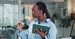 Business woman, tablet and writing on board for agenda, sales statistics and ideas. Black person, technology or planning on glass wall with notes, brainstorming budget or financial analysis in office
