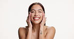 Smile, face cream and woman in studio with skincare, natural or facial lotion for hydration. Health, wellness and portrait of female person with spf for dermatology routine by white background.