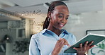 Black woman, tablet and glass wall in office with smile for sales report, checklist and accounting at company. Person, happy and tech on app, review or scroll for feedback with revenue at agency
