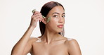 Woman, jade roller and face in studio for beauty, mock up space or circulation on white background. Person, model and tools with routine, dermatology and massage for lymphatic drainage in Costa Rica