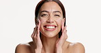 Happy, face cream and woman in studio with skincare, natural or facial lotion for hydration. Health, wellness and portrait of female person with spf for dermatology routine by white background.