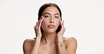 Skincare, moisturizer and face of woman in studio with beauty, natural or facial lotion for hydration. Health, wellness and portrait of person with spf for dermatology routine by white background.