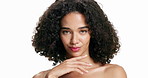 Face, skincare and woman with beauty, dermatology and aesthetic with manicure in studio. Portrait, touch and model with cosmetics, cosmetology results and shine for self care on white background