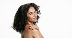 Body skincare, shoulder and face of woman in studio, grooming routine and natural shine for wellness. Smooth texture, soft touch and person with glowing skin, self care and space on white background.