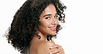 Skincare, woman face and shoulder with makeup in studio, beauty routine and natural shine in spa treatment. Glowing skin, portrait and person with space, happiness and self care on white background.