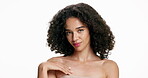 Face, skincare and woman with smooth skin, studio and confident for dermatology benefits or wellness. White background, mockup space and person with pride for glow, health and cosmetics for hydration