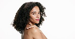 Body care, beauty and woman shoulder in studio, grooming routine and natural shine for wellness. Smooth texture, soft touch and person with glowing skin, skincare and space on white background.