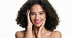 Face, skincare and happy woman with beauty, dermatology and aesthetic with confidence in studio. Portrait, touch and model with cosmetic makeup, results and shine for self care on white background