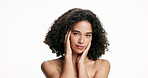 Face, woman and proud with skincare in studio for beauty, healthy skin and natural shine. Portrait, female person and cosmetics with facial glow, dermatology and treatment results on white background