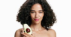 Woman, face and beauty with avocado in studio for skincare or antioxidant on a white background. Portrait, female person or model with natural organic fruit or pit for nourish skin, diet or vitamins