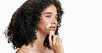Skincare, beauty and woman with face roller in studio for lymphatic drainage, glow or health. Quartz, model and facial massage for dermatology, cosmetic treatment or mockup space on white background