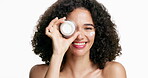 Face, woman, and lotion for beauty in studio for hydration, healthy skin and collagen benefits. Portrait, person and cosmetics for skincare, facial moisturizer and cream treatment on white background