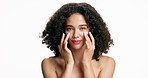 Face, woman and lotion with beauty in studio for hydration, healthy skin and collagen benefits. Portrait, person and cosmetic for skincare, facial moisturizer and repair treatment on white background