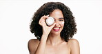 Face, woman and container for skincare in studio for hydration, healthy skin and collagen benefits. Portrait, happy and person with cream, facial repair and dermatology treatment on white background