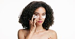 Beauty, face and woman with eye patches in studio for dark circles, hydration treatment or self care. Mockup space, girl or product application for anti aging, skin glow or depuff on white background