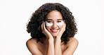 Beauty, face and girl with eye patches in studio for dark circles, skincare routine and self care. Mockup, woman and cosmetic pads for anti aging, skin glow or puffiness reduction on white background