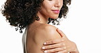 Body skincare, beauty and woman shoulder in studio, grooming routine and natural shine for wellness. Smooth texture, soft touch and person with glowing skin, self care and space on white background.