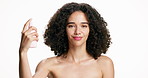 Face, setting spray and woman in studio with smile, make up and hydration in mockup. Happy, confident person or model for beauty with white background, cosmetic and natural glow for self care.