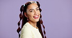 Woman, smile or face in studio with confidence, makeup or laughing for positive energy. Gen z, student and trendy on mockup space with purple background, happy and cosmetics for social media