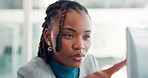 Reading, online and business black woman in office for research, finance review and feedback. Corporate, professional and person on computer to check financial proposal, planning and budget report