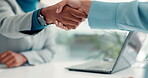 Business, laptop and people with shaking hands in meeting for interview success, hiring or welcome. Agreement, HR manager or candidate with handshake in office for promotion, job offer or recruitment