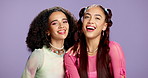 Fashion, face and friends with makeup in studio for eclectic aesthetic, trendy outfit and confidence. Gen z girls, bonding and happy on purple background with Y2K clothing, cosmetics and accessories